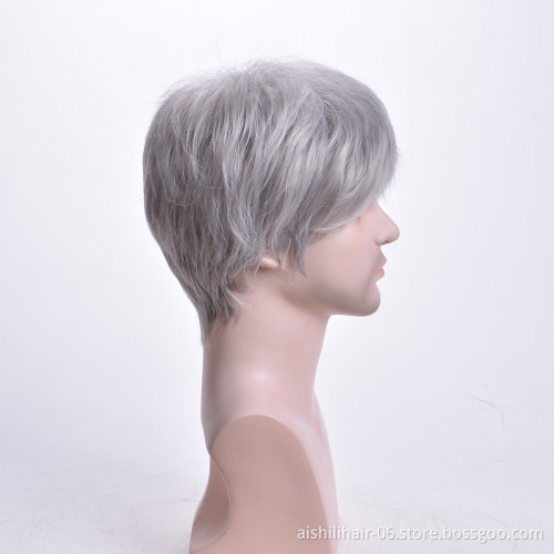 Aishili wholesale short grey natural silky straight toupee remy hair synthetic wigs for men